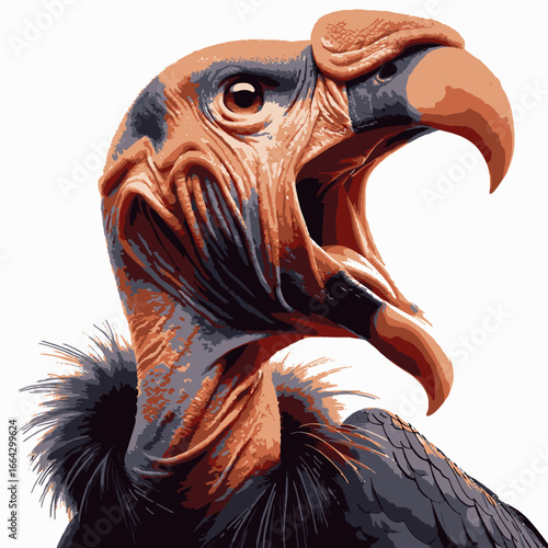 A majestic vulture with an open beak showcases its powerful presence. The illustration highlights the bird's detailed feathers and striking profile against a plain background, ideal for wildlife
