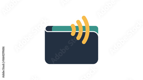 A stylized illustration of a wallet with a contactless payment symbol on a white background
