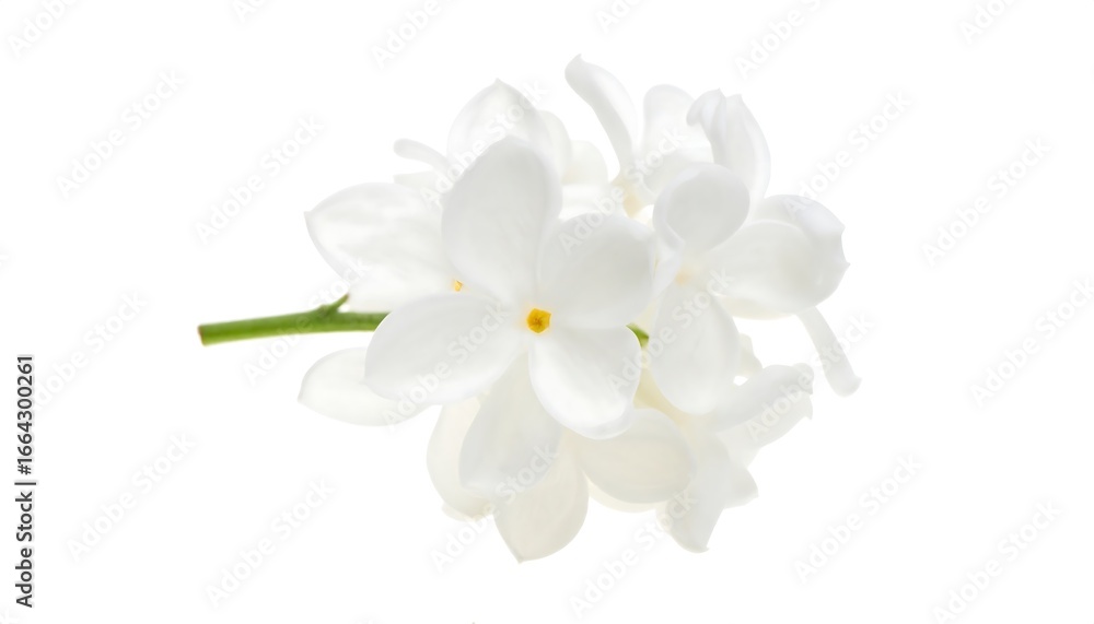 Obraz premium A close-up of a delicate cluster of white flowers, showcasing soft petals and a subtle yellow center, set against a pure white background.