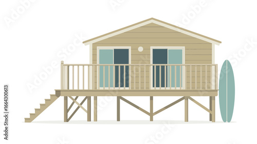 A cartoon illustration of a beach house on stilts with a deck and a surfboard against a white background