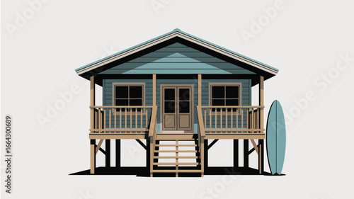 A digitally rendered image of a beach house with a surfboard leaning against the side of the house