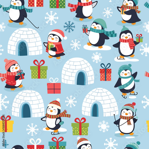 Seamless Pattern, Winter holiday seamless pattern with cartoon penguins, igloos and gifts design Stock royalty free