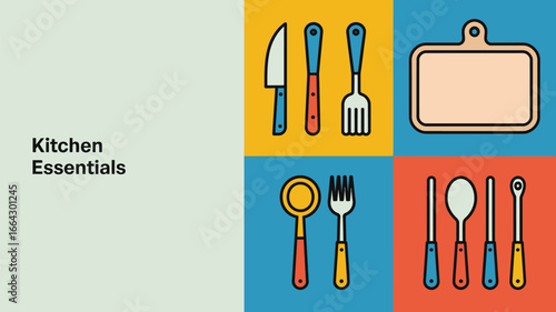 A collection of kitchen utensils including knives forks spoons and a cutting board in a colorful layout