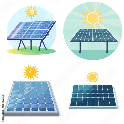 Four stylized illustrations of solar panels, showcasing various mounting configurations.  Each panel is depicted with a sun icon, conveying solar energy