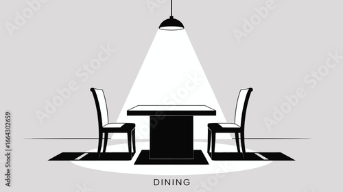A black and white illustration of a dining table with two chairs under a spotlight in a room setting