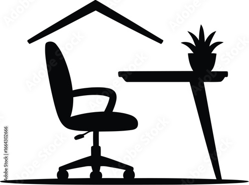 A black silhouette of a home office setup with a chair, desk, plant, and roof outline above it