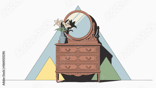 Illustration of a wooden dresser with a round mirror and a vase of white lilies on top of it