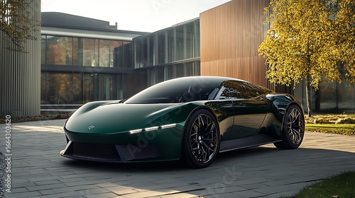 Green Sportscar Modern Mansion Luxury Car.