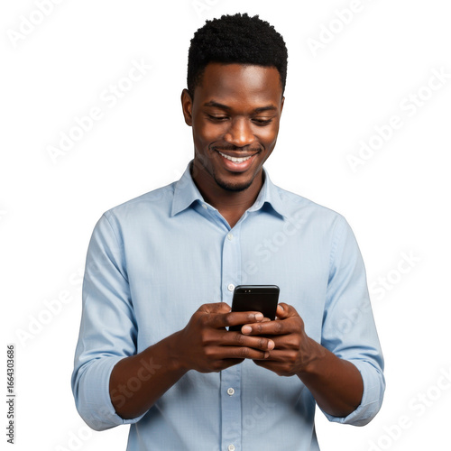 Smiling young man holding a smartphone isolated on transparent background