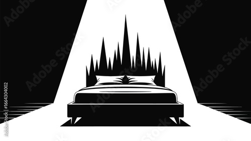 A stark black and white illustration of a bed with a spiky headboard in a minimalist style art