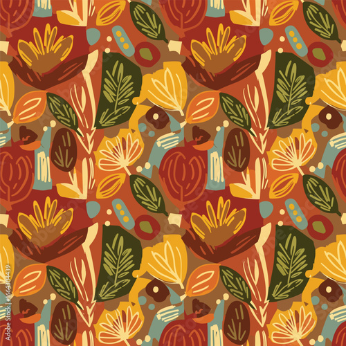 Seamless Pattern, Abstract autumn floral pattern featuring leaves and blooms in warm earthy tones Stock royalty free  image.