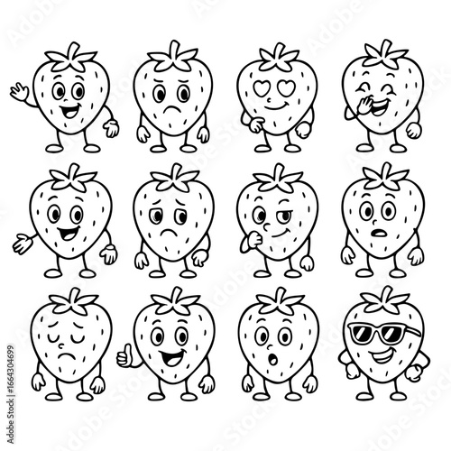 Icon sheet, cartoon character or mascot, strawberry fruit, outline edition