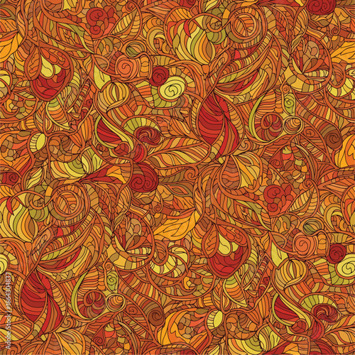 Seamless Pattern, Abstract autumn pattern with swirling leaves and vibrant warm color palette Stock royalty free.