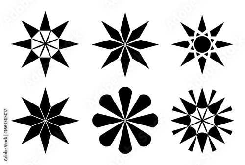 Collection of Six Black Geometric Star and Floral Designs on White Background