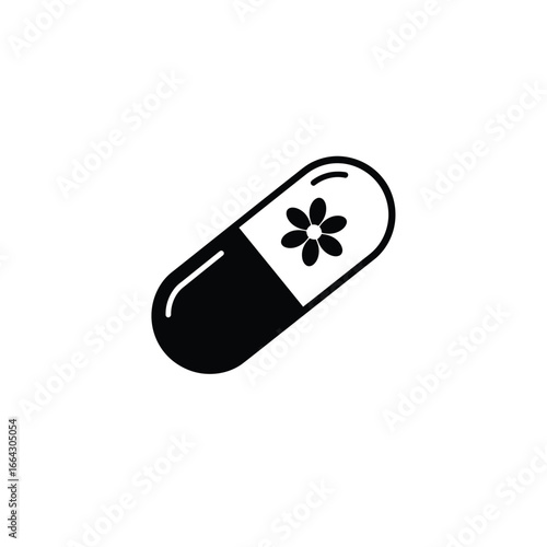 Black capsule with flower symbol pill medicine