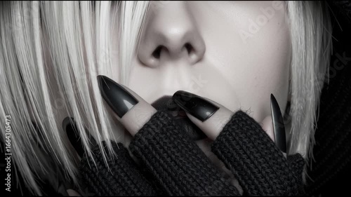 Mysterious Portrait of a Pale Woman with Dark Makeup and Black Gloves in a Dramatic Black Setting