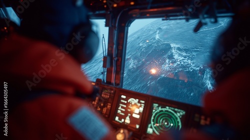 As crew members plan their next course of action, an aerial view of a lifeboat in motion shows a constant SART signal on the radar screen viewable through the cabin glass.