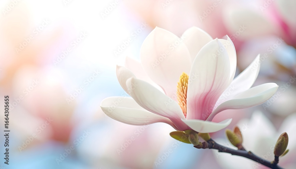 Fototapeta premium A delicate magnolia blossom, bathed in soft spring light, showcases pastel hues and gentle beauty.