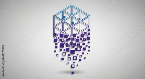 Abstract cube design with falling squares for modern technology and innovation concepts 100char