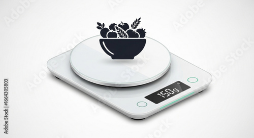 Digital kitchen scale weighing bowl of fruits and wheat for healthy eating and precise measurements