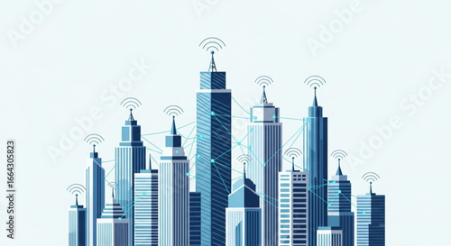 Cityscape with wireless communication network connectivity and modern architecture design concept illustration
