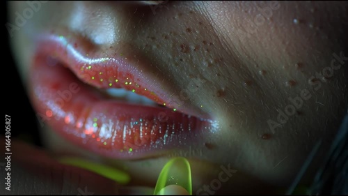 Close-Up of Glossy Lips with Glitter and Colorful Neon Nails in Artistic Lighting and Soft Focus Background