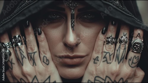 Mysterious Woman in Dark Cloak with Intricate Accessories and Intense Gaze Expressing a Powerful Emotion
