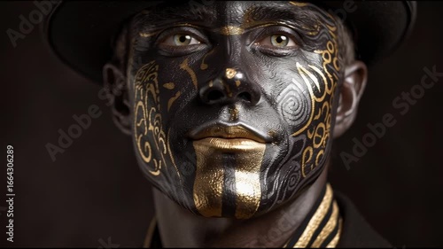 Stunning Portrait of a Man with Intricate Face Paint and Elegant Hat in Dramatic Lighting