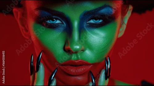 Vibrant Green and Blue Fantasy Makeup with Striking Hands and Bold Colors Against Red Background