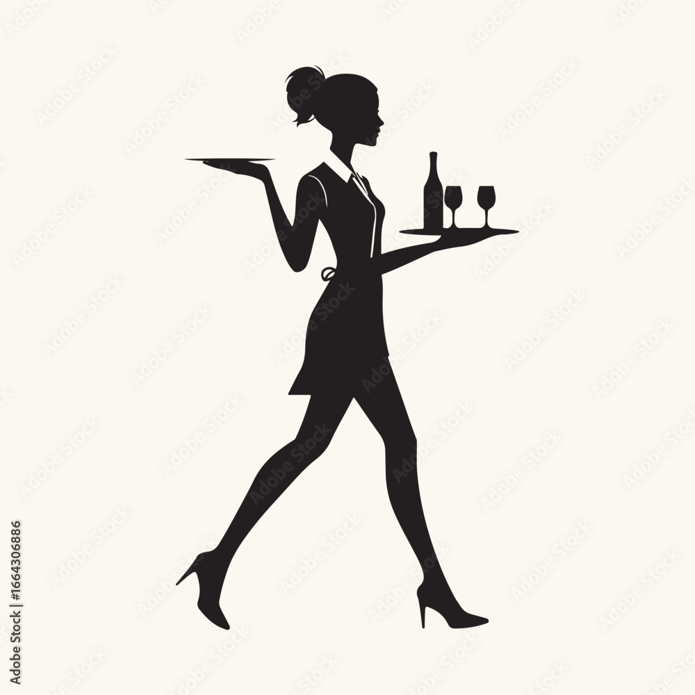 Waitress Serving Wine and Carrying a Tray Silhouette. Waitress Serving Wine and Carrying a Tray Silhouette.