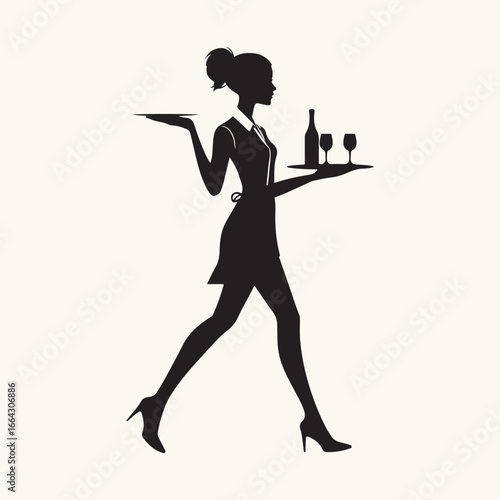 Waitress Serving Wine and Carrying a Tray Silhouette.