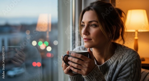Woman holding warm beverage cup and looking through window on city view. Cozy home and slow living concept for winter.