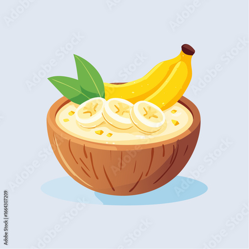 Banana Oatmeal In Wooden Bowl Illustration
