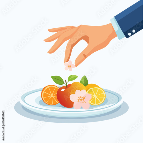 Hand Placing Flower On Plate Of Fruit