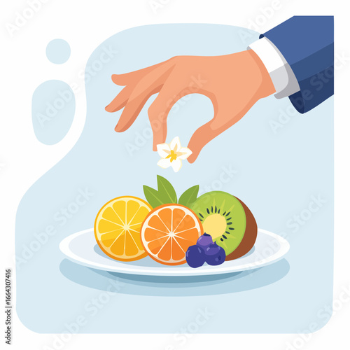 Hand Placing Flower On Fruit Platter
