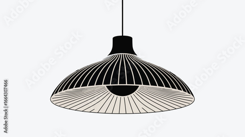 A modern black and white pendant lamp with a striped shade hanging against a white background wall