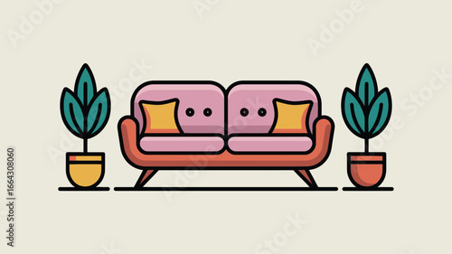 A cartoon illustration of a pink couch with yellow pillows and potted plants on either side of it