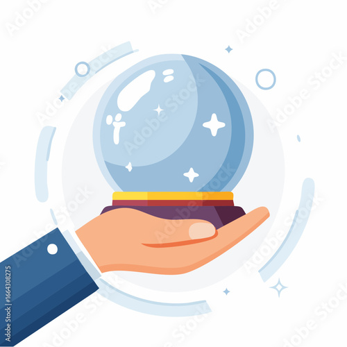 Hand Holding Crystal Ball Against Light Blue Background