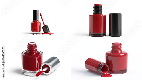 Four different perspectives of red nail polish bottles, displaying different stages of application