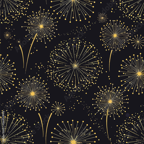 Seamless Pattern, Seamless pattern with golden fireworks on dark background for festive designs Stock royalty free.