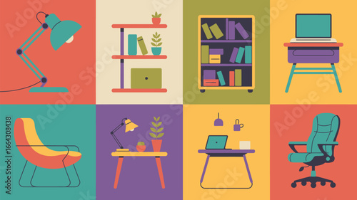 A colorful grid of office furniture including desks chairs lamps and bookshelves in flat design