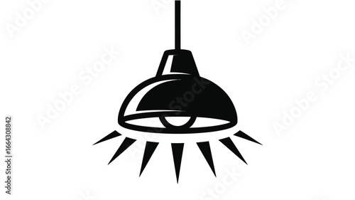 A black and white illustration of a pendant light fixture with light rays emanating downwards flat art
