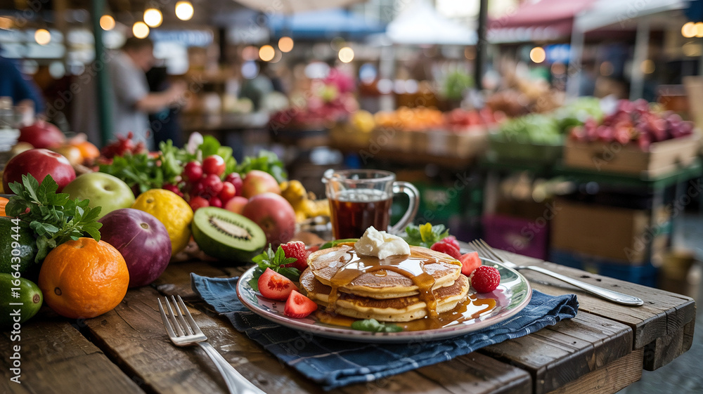 Fototapeta premium A farmer’s market breakfast stars pancakes with syrup