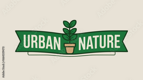 A green banner with the words urban nature and a plant in a pot in the middle of the banner logo design
