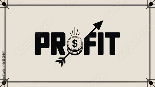 The word profit in black with an arrow going through a stack of coins inside a decorative border