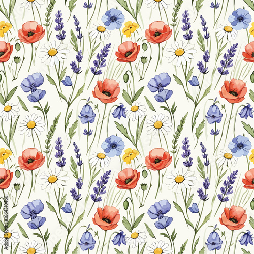 Seamless Pattern, Watercolor floral pattern with poppies, daisies, lavender and bluebells design Stock royalty free image.