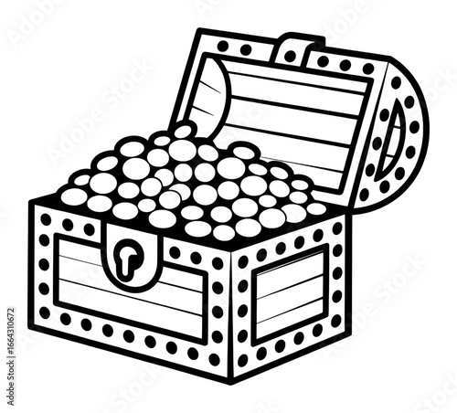 Open Treasure Chest Filled with Gold Coins, Black and White Illustration