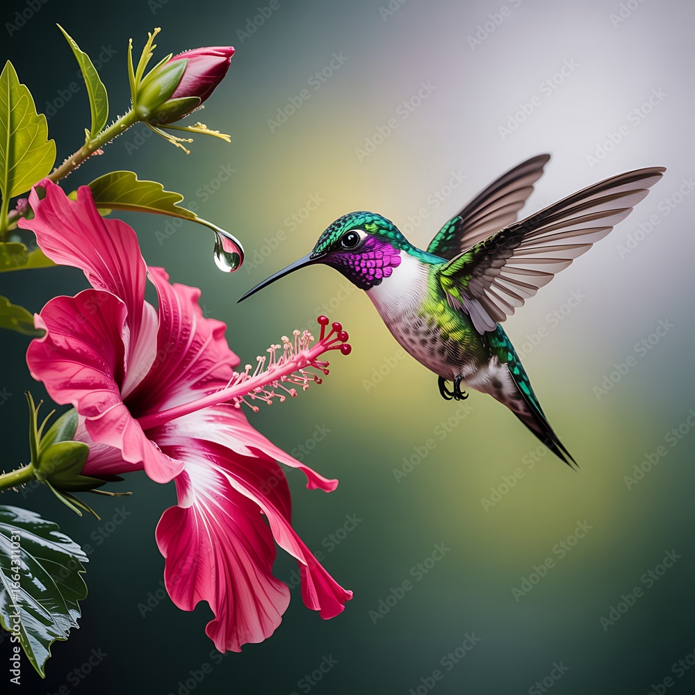 Obraz premium Hummingbird Sips Nectar From Pink Hibiscus With Water Droplet Detail flower
