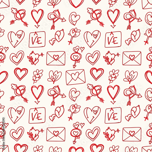 Seamless Pattern, Seamless vector pattern featuring hand drawn romantic hearts and love elements design Stock royalty free image.