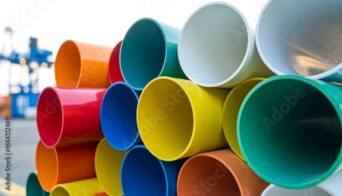 Colorful plastic pipes stacked in various vibrant hues create a visually engaging display at an industrial port.